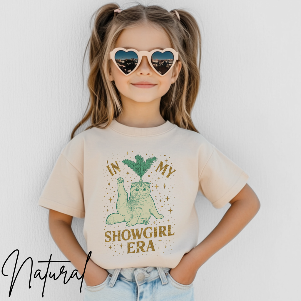 🎀✨ In My Showgirl Era Kids T-Shirt – Cute Cat Showgirl Costume Graphic Tee 🐱💖 Sparkly Dress-Up Aesthetic Bella Canvas 3001Y Tee