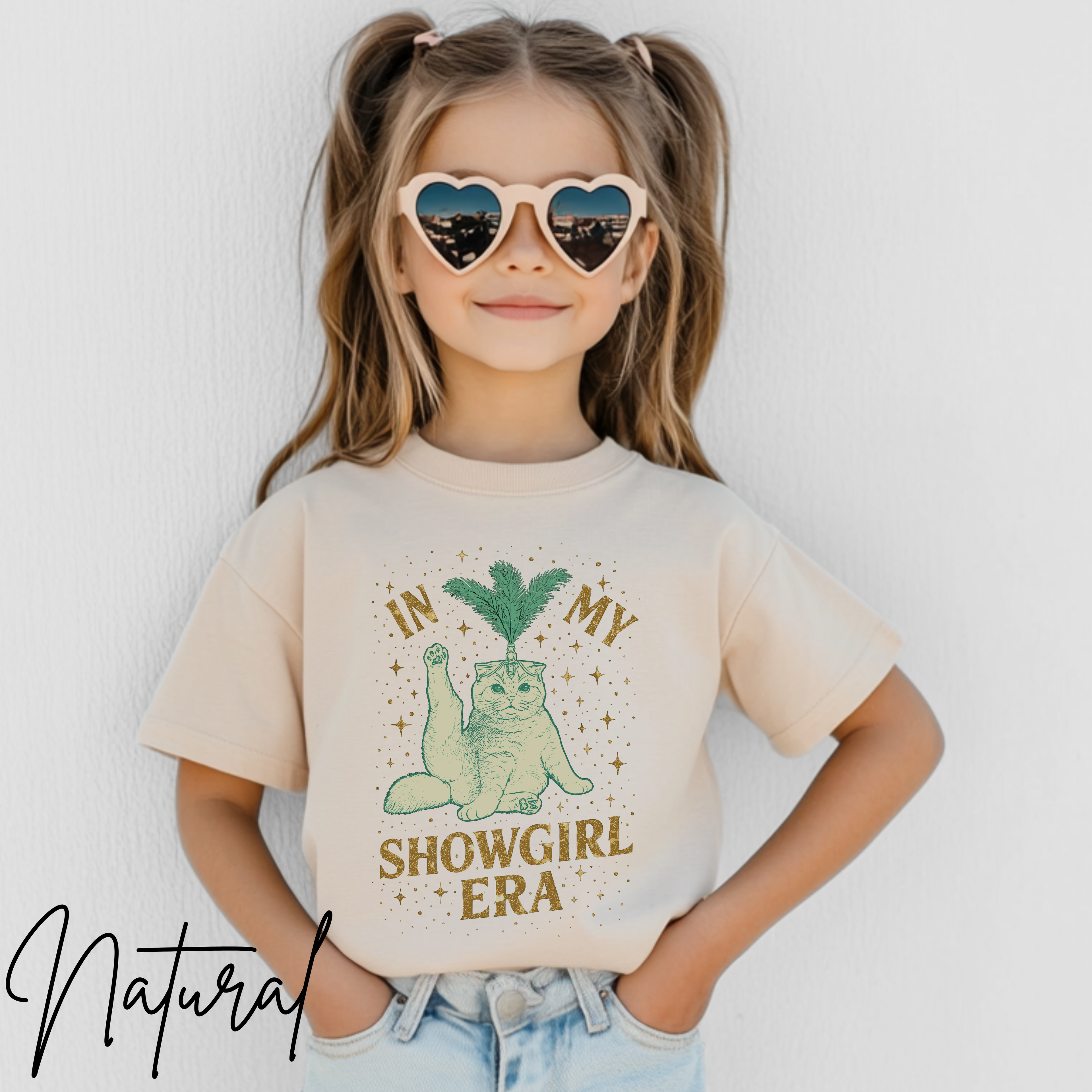 🎀✨ In My Showgirl Era Kids T-Shirt – Cute Cat Showgirl Costume Graphic Tee 🐱💖 Sparkly Dress-Up Aesthetic Bella Canvas 3001Y Tee