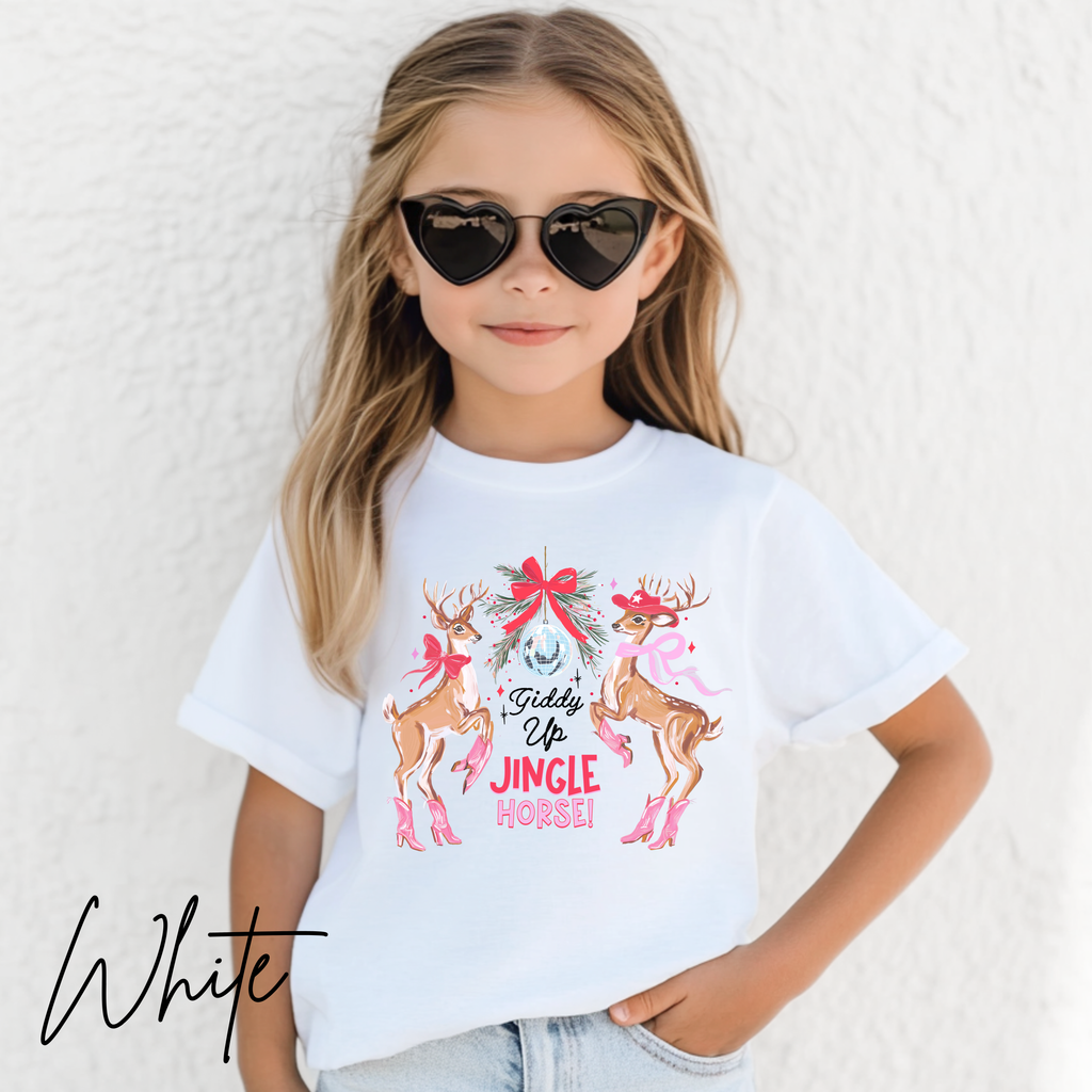 🐴🎄 Kids Giddy Up Jingle Horse Christmas T-Shirt | Cute Cowboy Holiday Bella Canvas 3001Y Tee