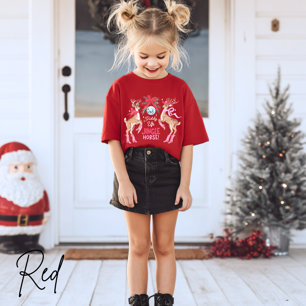 🐴🎄 Kids Giddy Up Jingle Horse Christmas T-Shirt | Cute Cowboy Holiday Bella Canvas 3001Y Tee
