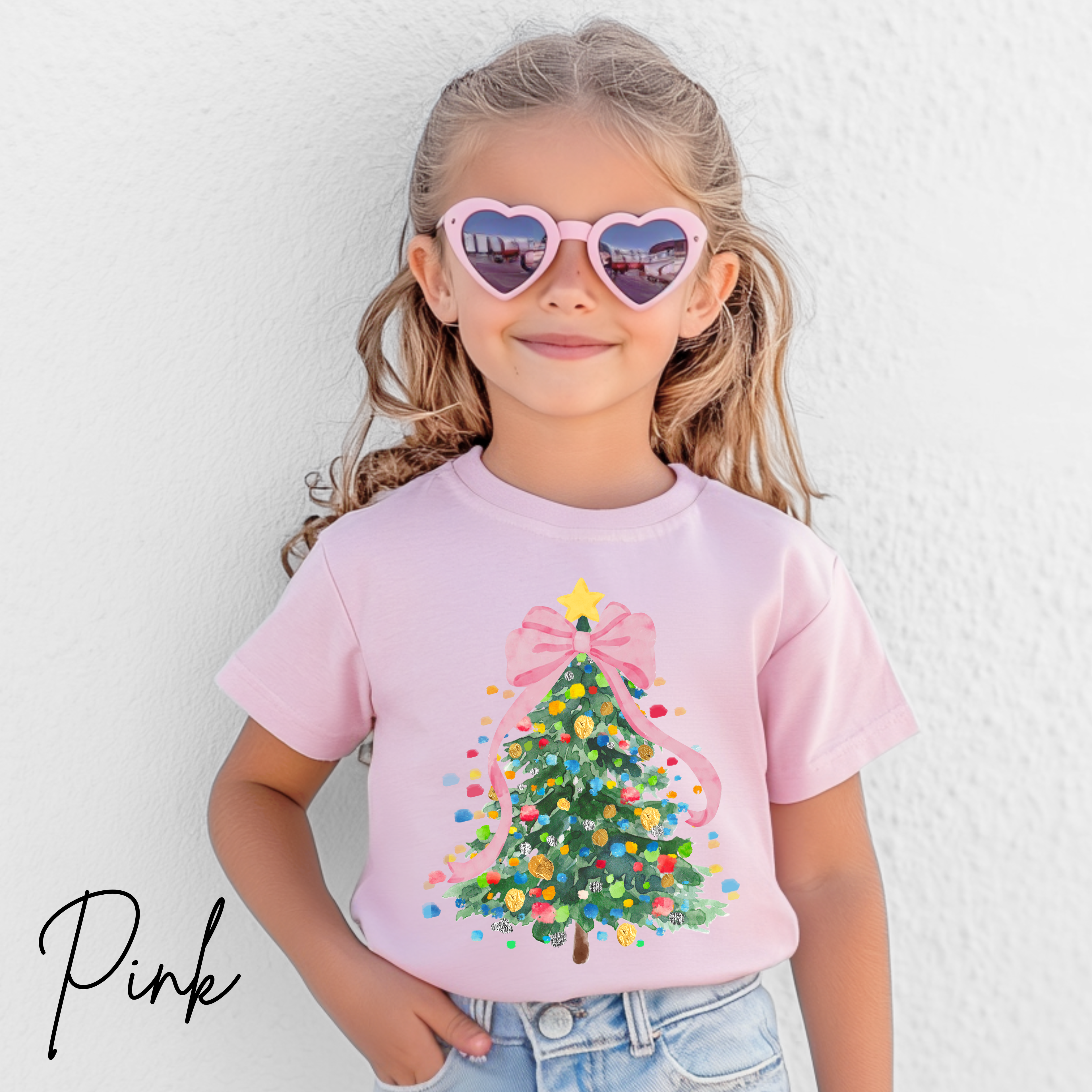 Pastel Watercolor Christmas Tree Kids T-Shirt | Coquette Bow Holiday Tee