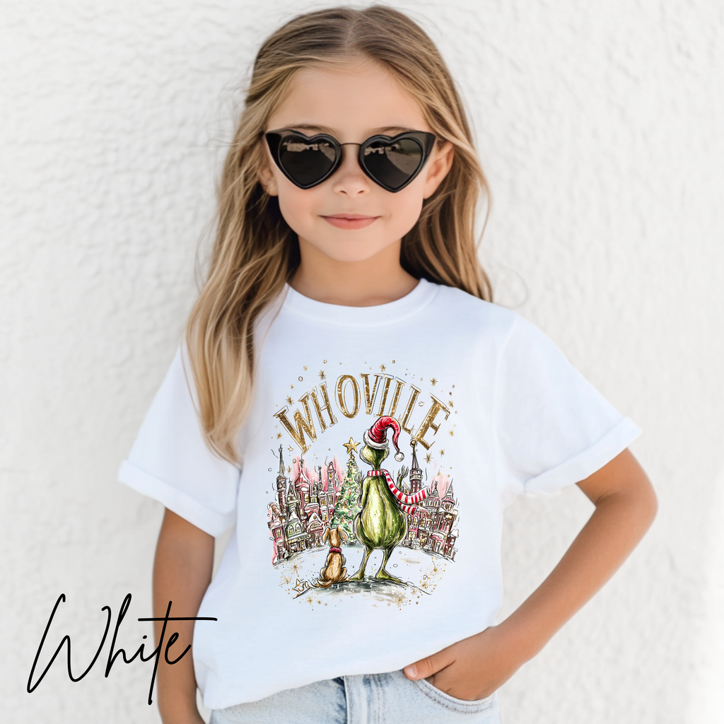 🎄✨ Whoville Christmas Kids T-Shirt | Holiday Grinch-Inspired Tee with Pup & Town Scene  Bella Canvas 3001Y 🐶🎅