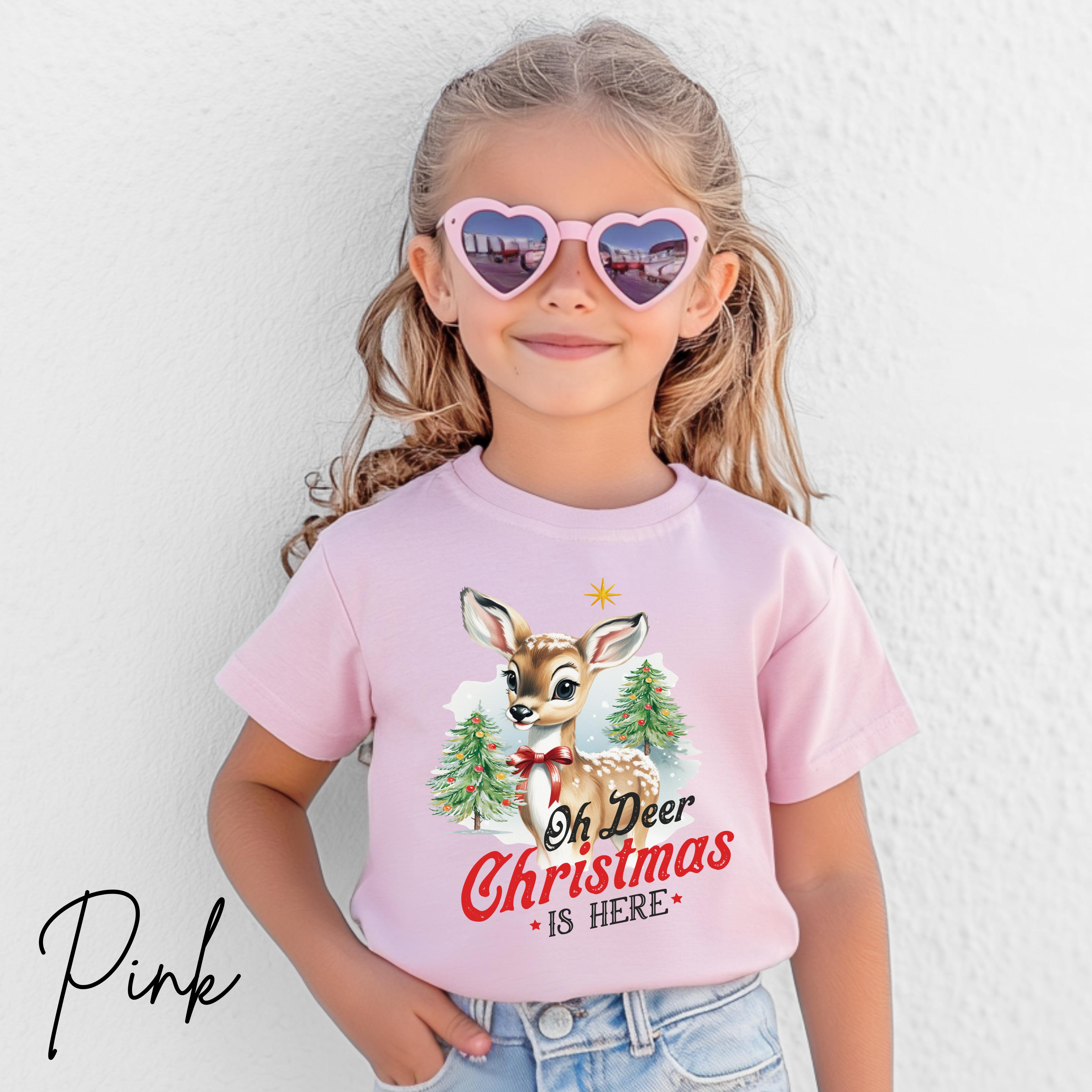 🦌🎄 Kids "Oh Deer Christmas is Here" Vintage Snowy Deer Bella Canvas 3001Y Tee