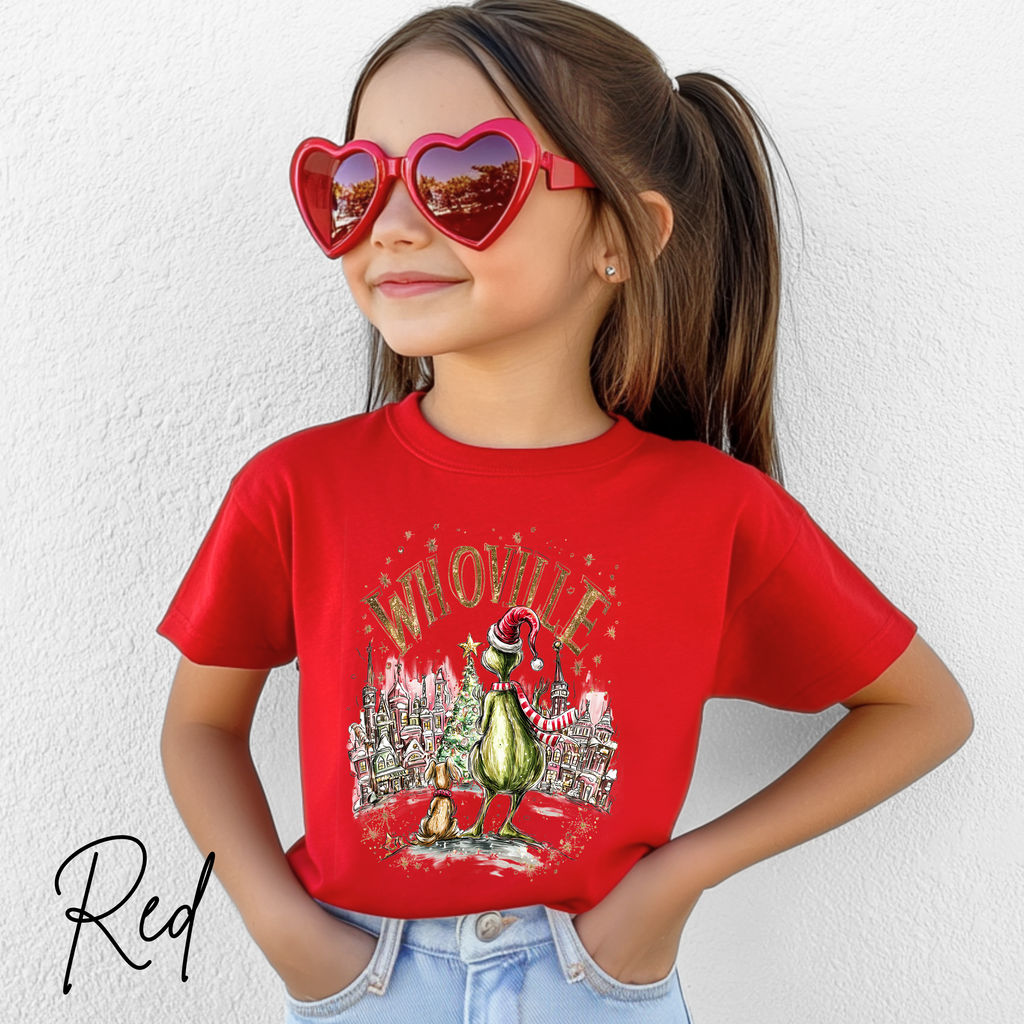 🎄✨ Whoville Christmas Kids T-Shirt | Holiday Grinch-Inspired Tee with Pup & Town Scene  Bella Canvas 3001Y 🐶🎅