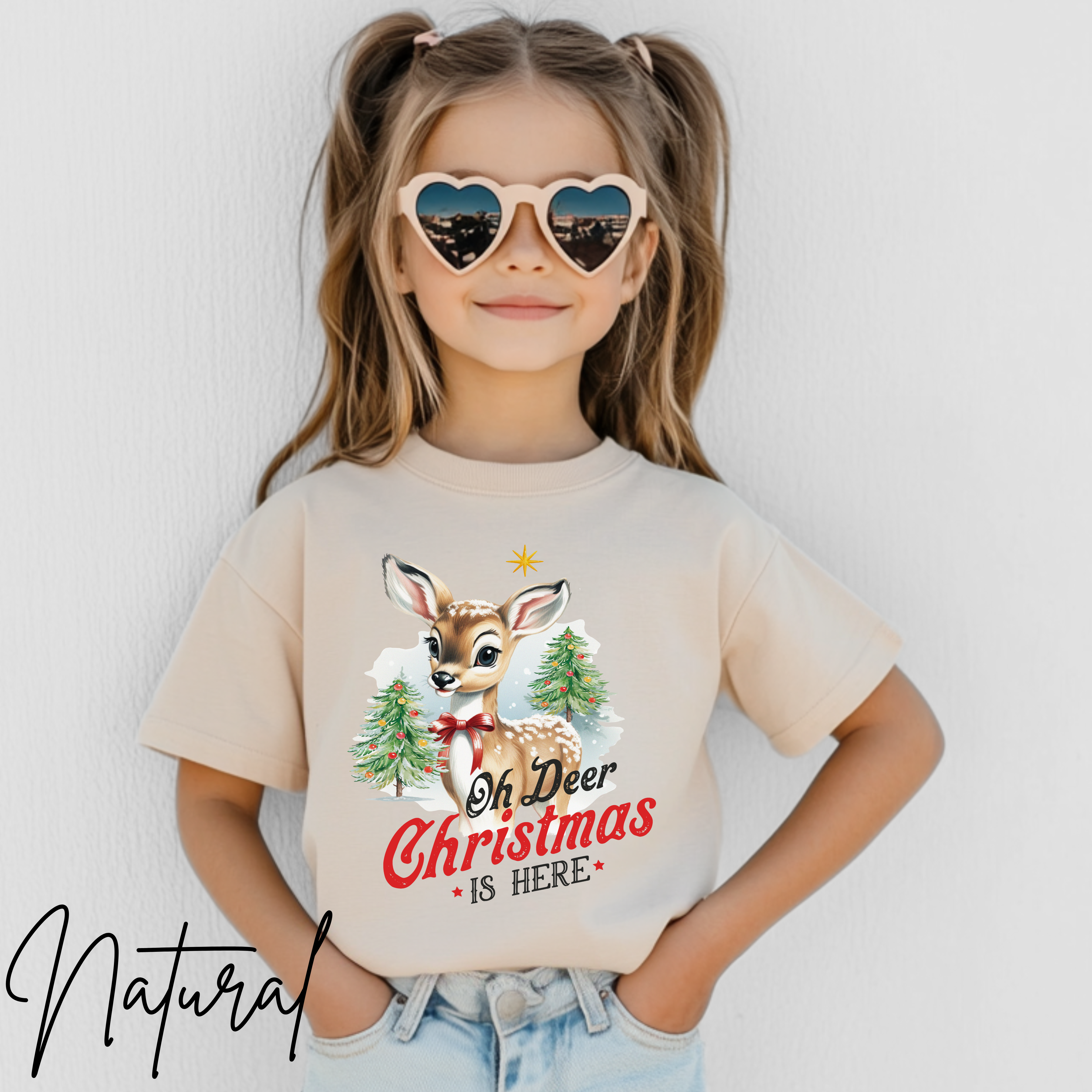 🦌🎄 Kids "Oh Deer Christmas is Here" Vintage Snowy Deer Bella Canvas 3001Y Tee