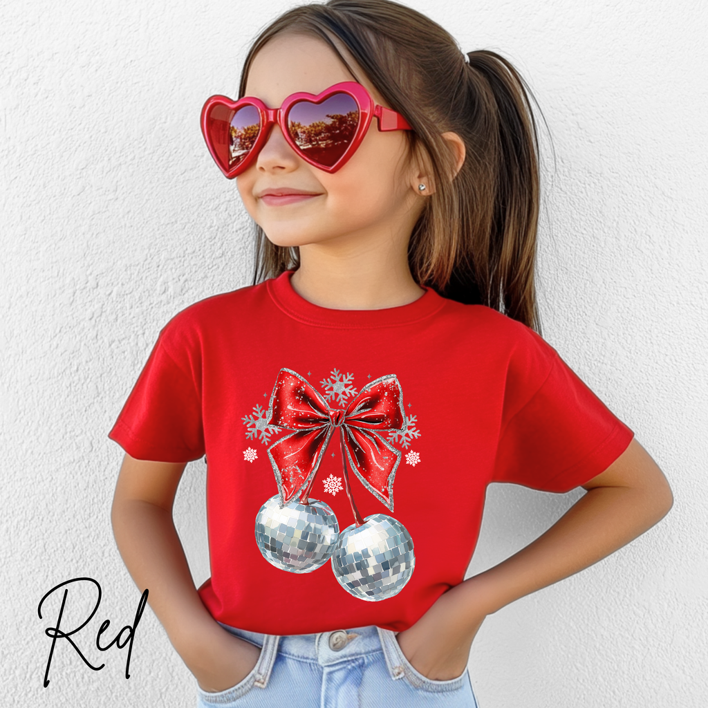 🍒✨ Disco Cherry Coquette Bow Tshirt | Retro Glitter Aesthetic Cozy Trendy Tee 🎀🪩 Bella Canvas 3001Y Tee