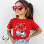 🍒✨ Disco Cherry Coquette Bow Tshirt | Retro Glitter Aesthetic Cozy Trendy Tee 🎀🪩 Bella Canvas 3001Y Tee