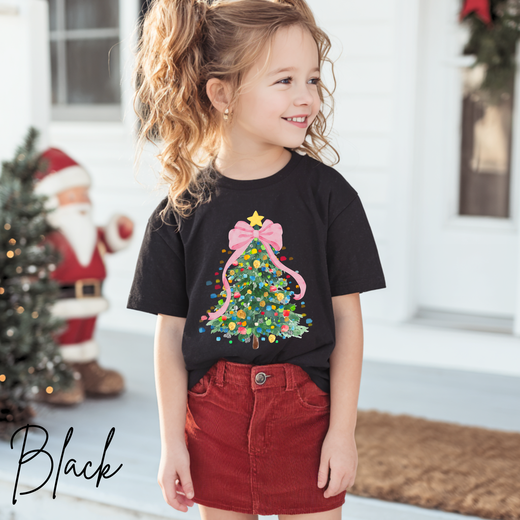 Pastel Watercolor Christmas Tree Kids T-Shirt | Coquette Bow Holiday Tee