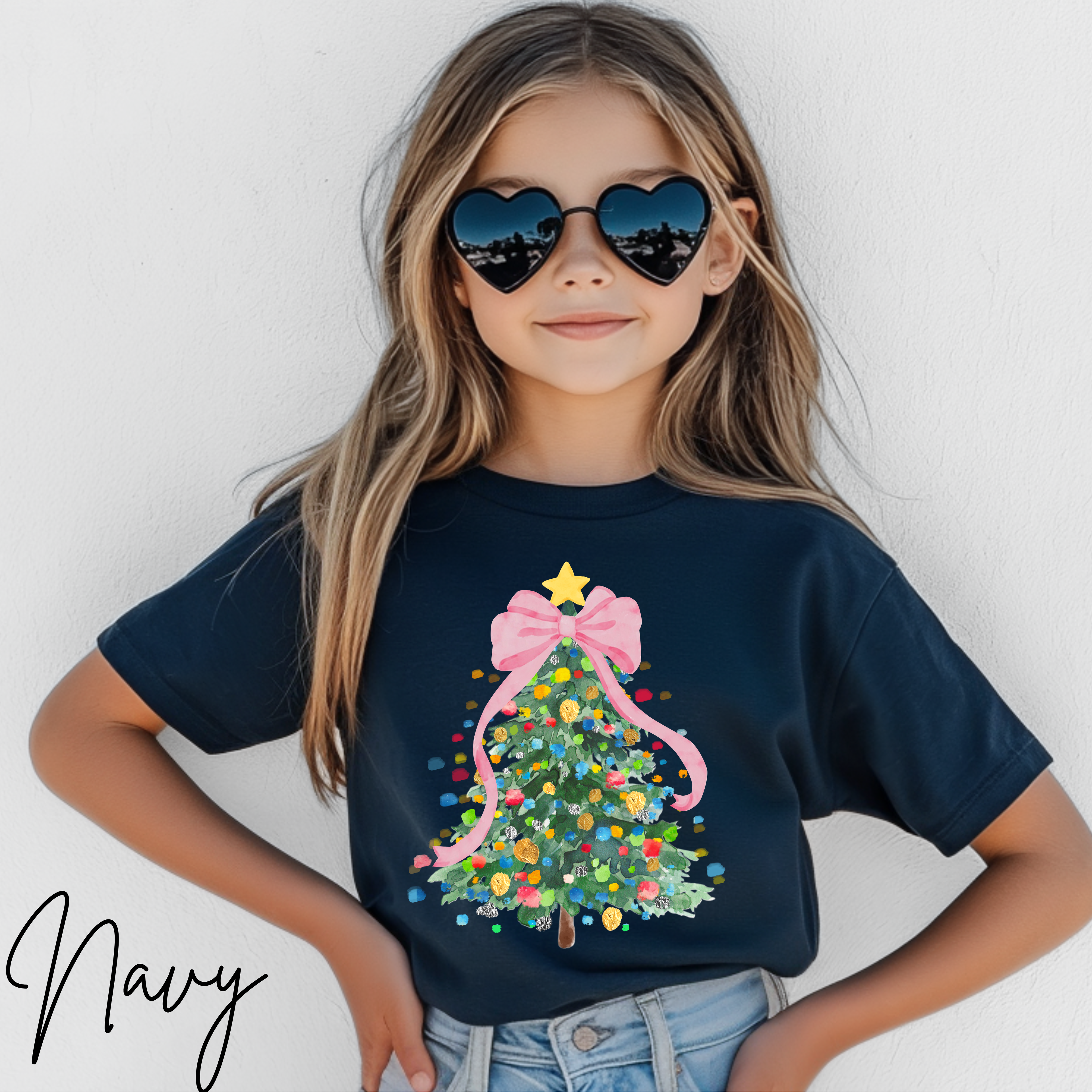 Pastel Watercolor Christmas Tree Kids T-Shirt | Coquette Bow Holiday Tee
