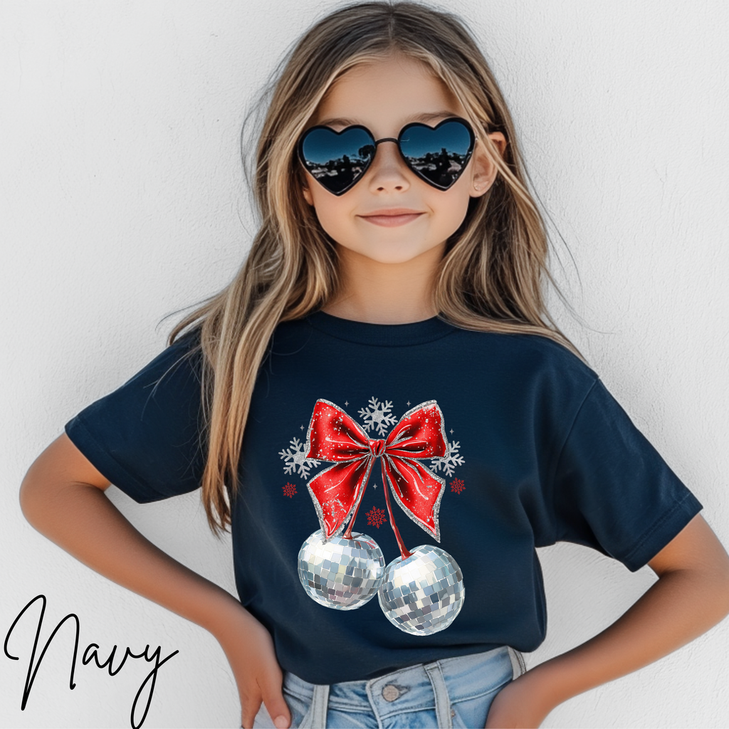 🍒✨ Disco Cherry Coquette Bow Tshirt | Retro Glitter Aesthetic Cozy Trendy Tee 🎀🪩 Bella Canvas 3001Y Tee