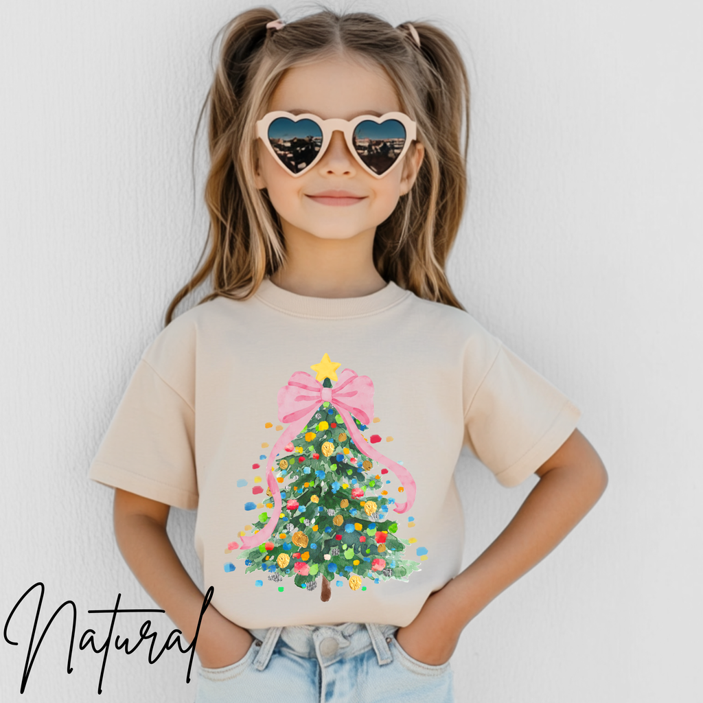 Pastel Watercolor Christmas Tree Kids T-Shirt | Coquette Bow Holiday Tee