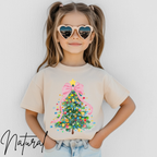Pastel Watercolor Christmas Tree Kids T-Shirt | Coquette Bow Holiday Tee