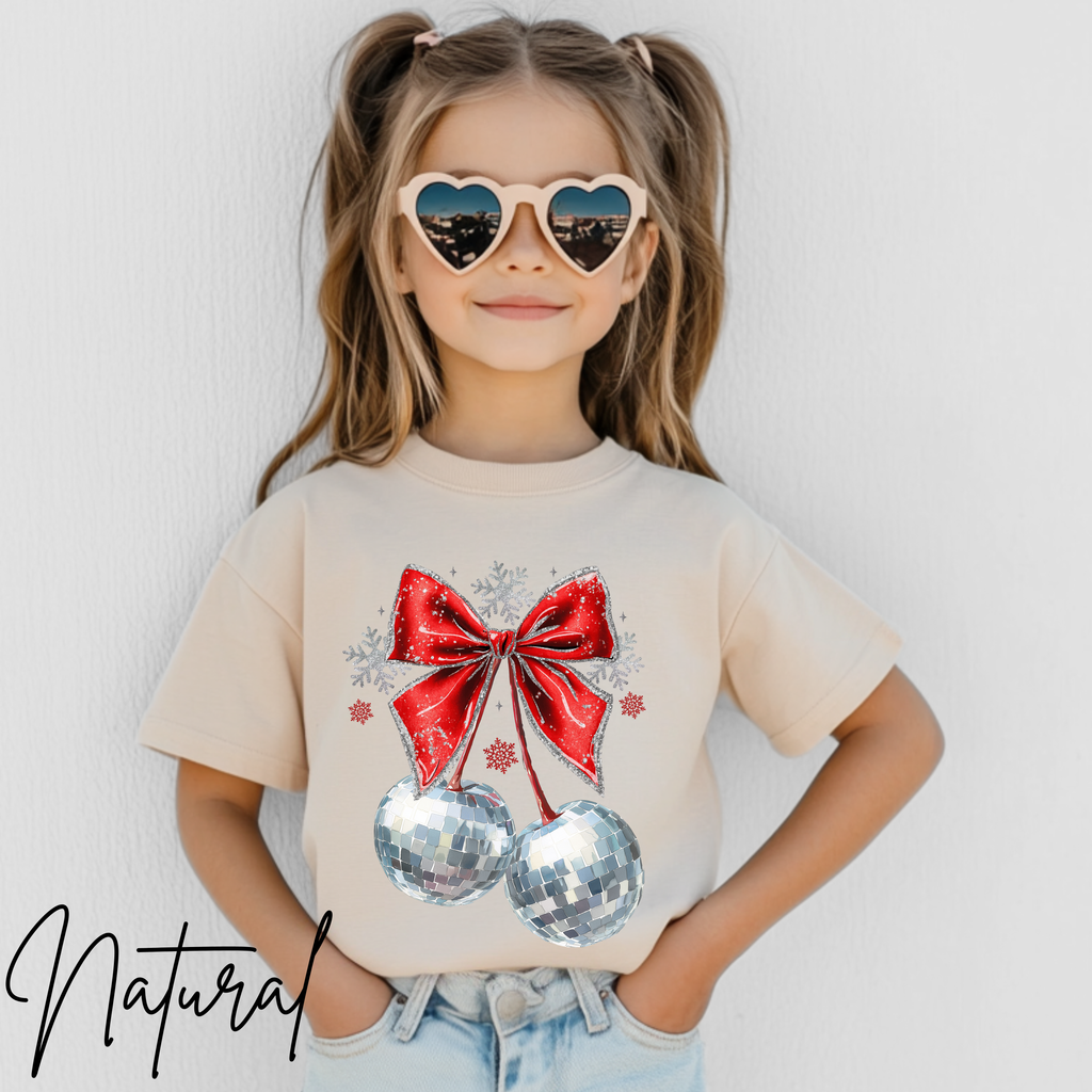 🍒✨ Disco Cherry Coquette Bow Tshirt | Retro Glitter Aesthetic Cozy Trendy Tee 🎀🪩 Bella Canvas 3001Y Tee