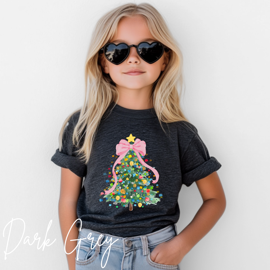 Pastel Watercolor Christmas Tree Kids T-Shirt | Coquette Bow Holiday Tee