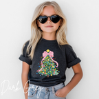 Pastel Watercolor Christmas Tree Kids T-Shirt | Coquette Bow Holiday Tee