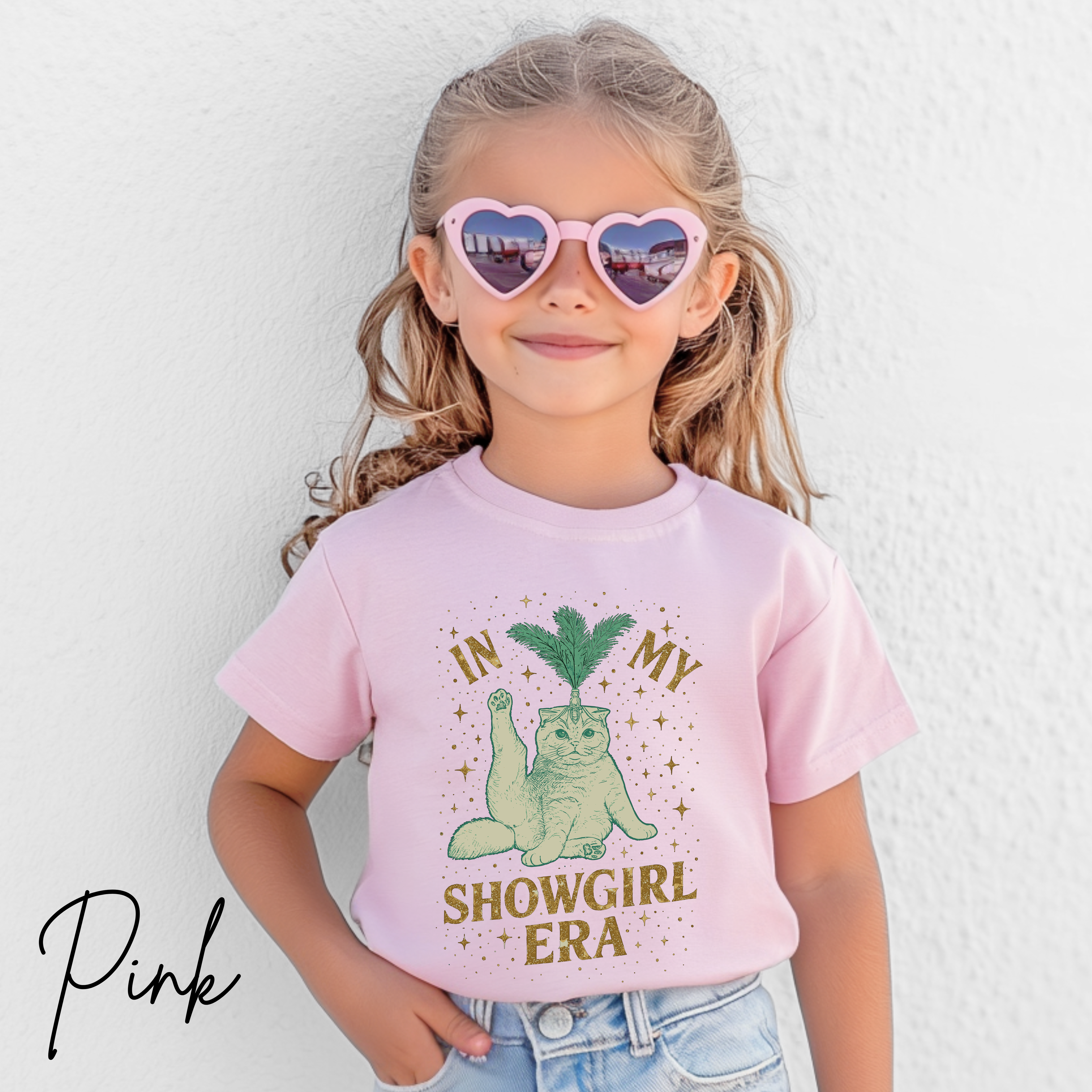🎀✨ In My Showgirl Era Kids T-Shirt – Cute Cat Showgirl Costume Graphic Tee 🐱💖 Sparkly Dress-Up Aesthetic Bella Canvas 3001Y Tee