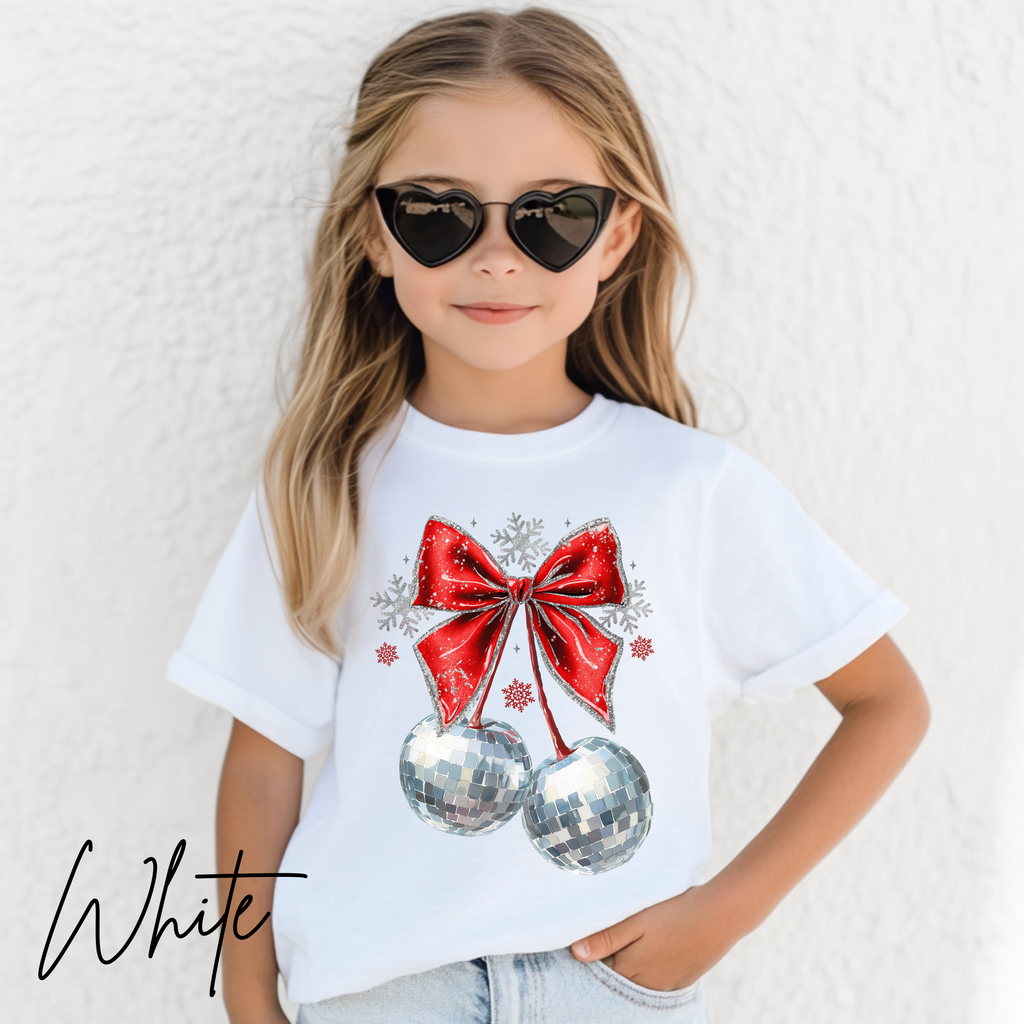 🍒✨ Disco Cherry Coquette Bow Tshirt | Retro Glitter Aesthetic Cozy Trendy Tee 🎀🪩 Bella Canvas 3001Y Tee