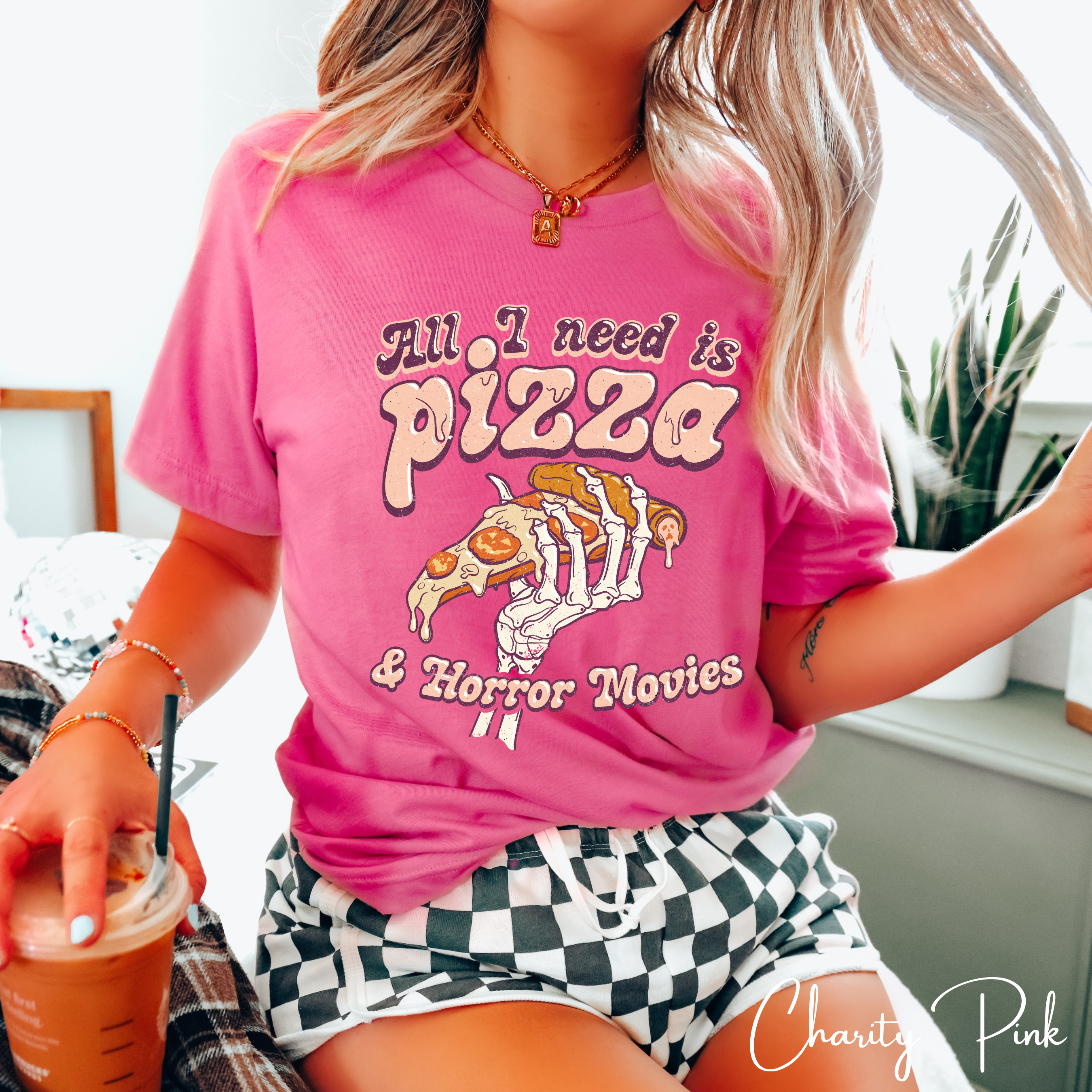 All I Need Is Pizza and Horror Movies T-Shirt | Skeleton Hand Pizza Graphic Bella Canvas 3001 Tee