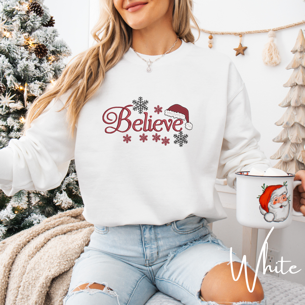 Embroidered Believe Sweatshirt | Minimalist Christmas Gildan 18000 Sweatshirt