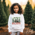 Believe Kids Christmas Sweatshirt | Magical Polar Express Holiday Pullover Gildan 18000B Sweatshirt
