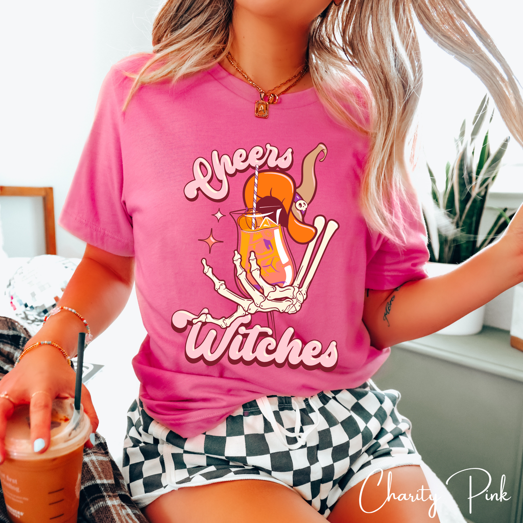 Cheers Witches T-Shirt | Skeleton Hand Cocktail Halloween Bella Canvas 3001 Tshirt