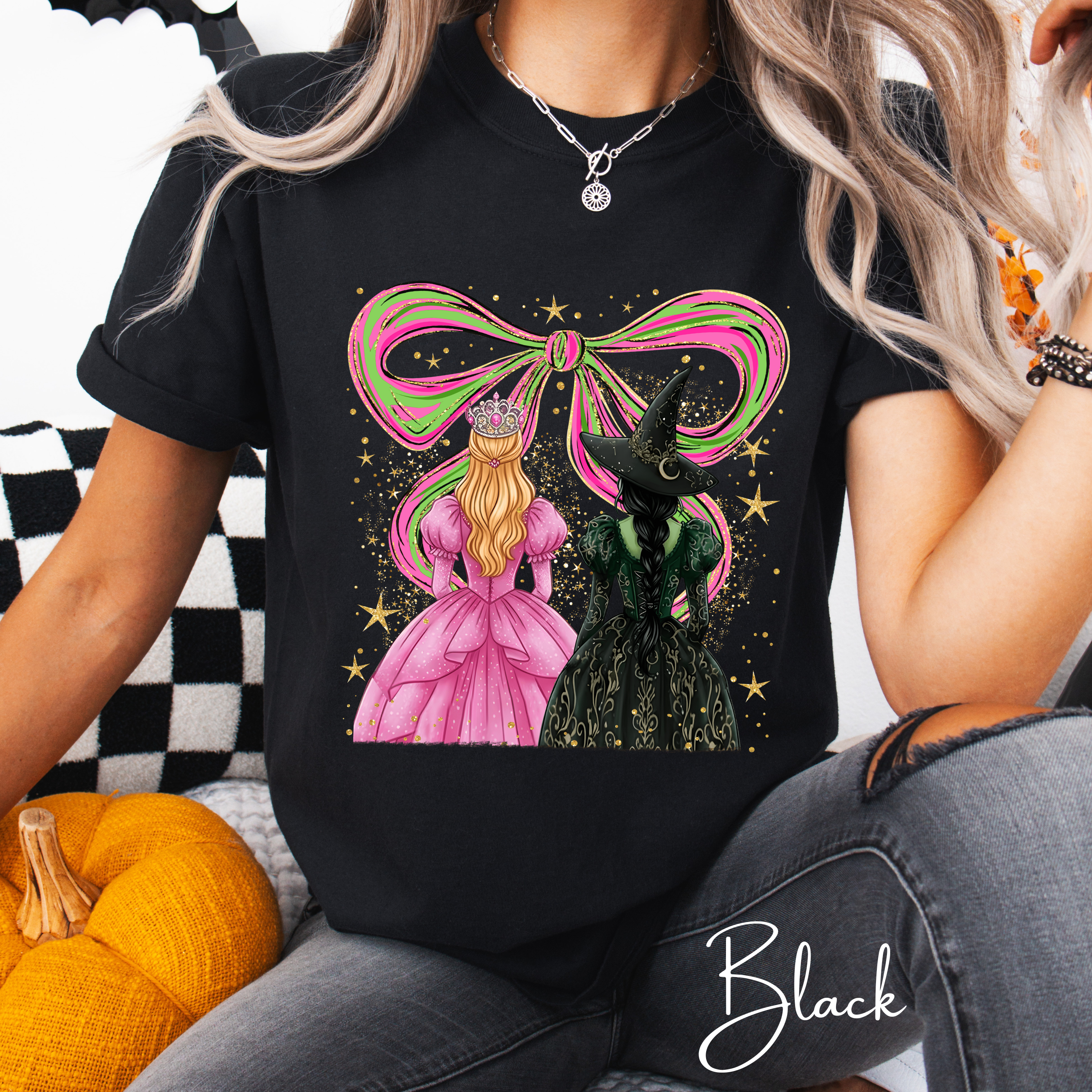 ✨ Wicked Besties Comfort Colors 1717 Tee 💚💗 | Sparkly Hand-Drawn Elphaba & Glinda with Coquette Bow 🎀🌙