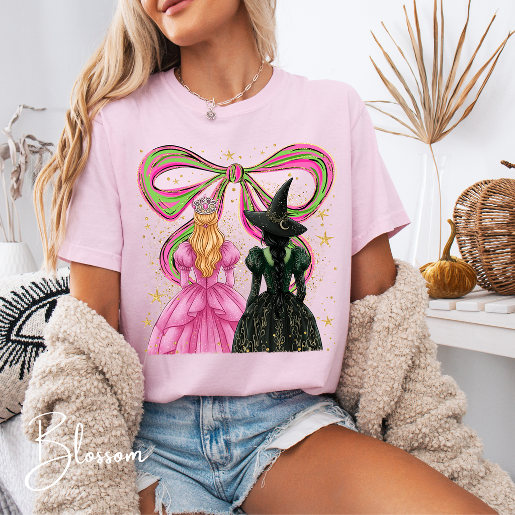 ✨ Wicked Besties Comfort Colors 1717 Tee 💚💗 | Sparkly Hand-Drawn Elphaba & Glinda with Coquette Bow 🎀🌙