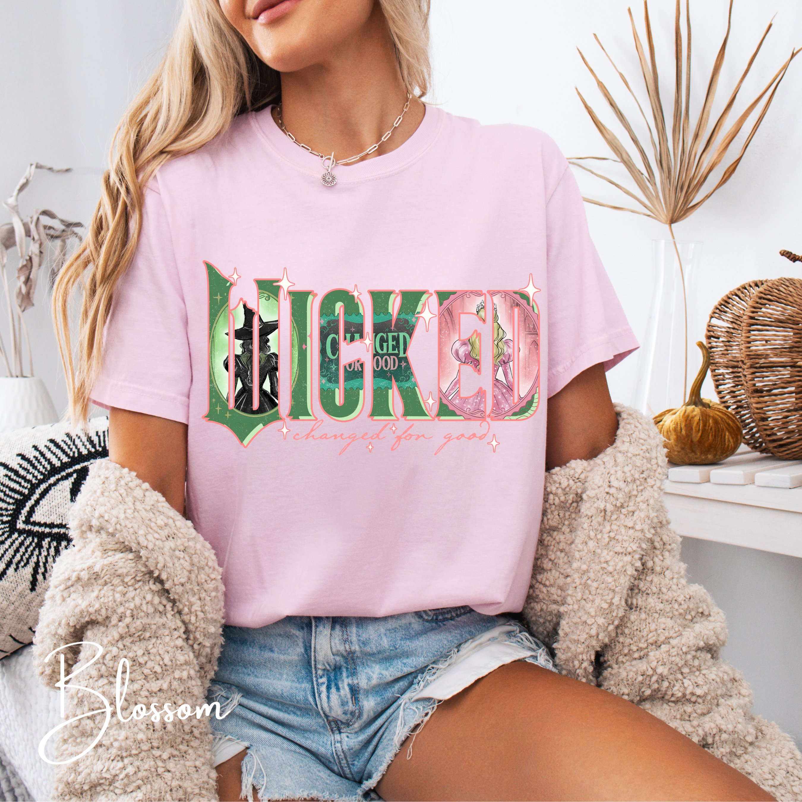 Wicked Varsity Characters Tee 🌟 Comfort Colors 1717 | Elphaba & Glinda Art Letters