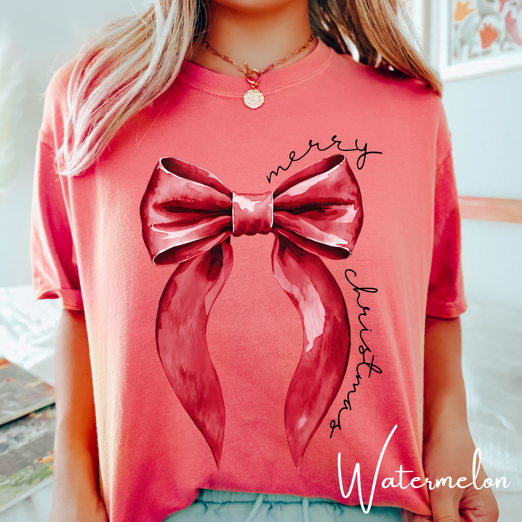 🎀✨ Merry Christmas Coquette Bow T-Shirt | Hand-Painted Look Holiday Aesthetic Tee 🎄💗 Comfort Colors 1717 Tshirt