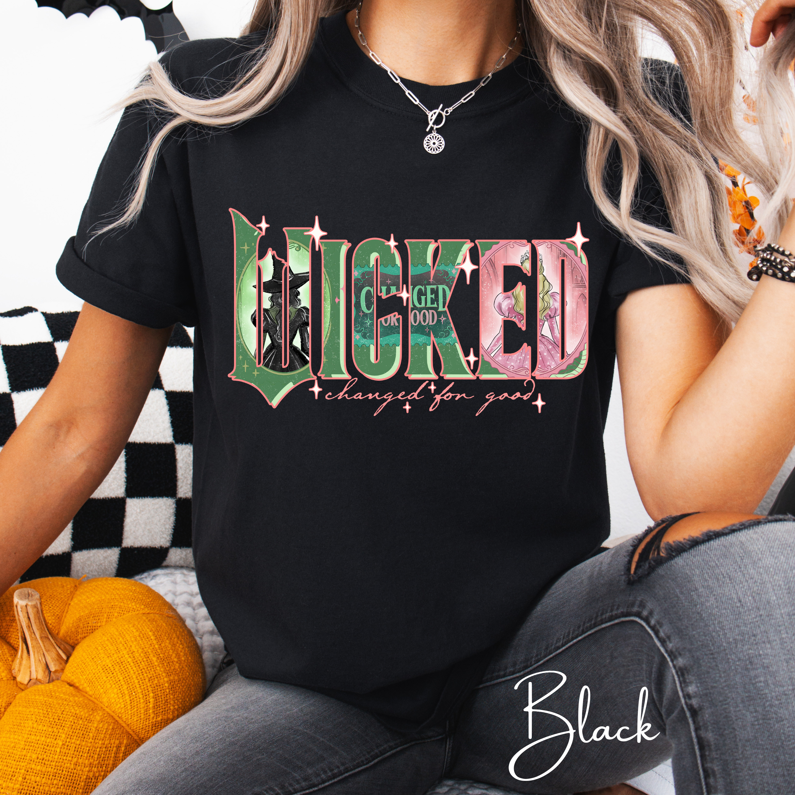 Wicked Varsity Characters Tee 🌟 Comfort Colors 1717 | Elphaba & Glinda Art Letters