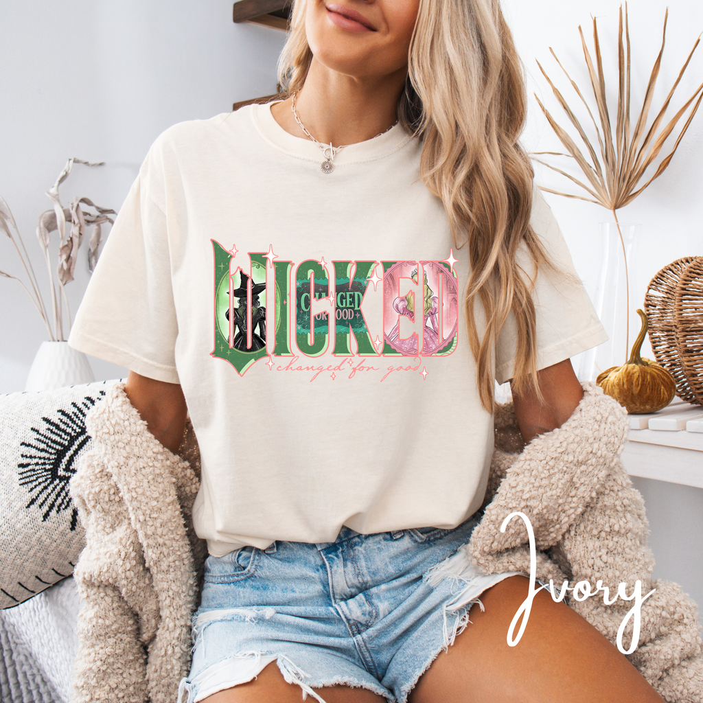 Wicked Varsity Characters Tee 🌟 Comfort Colors 1717 | Elphaba & Glinda Art Letters