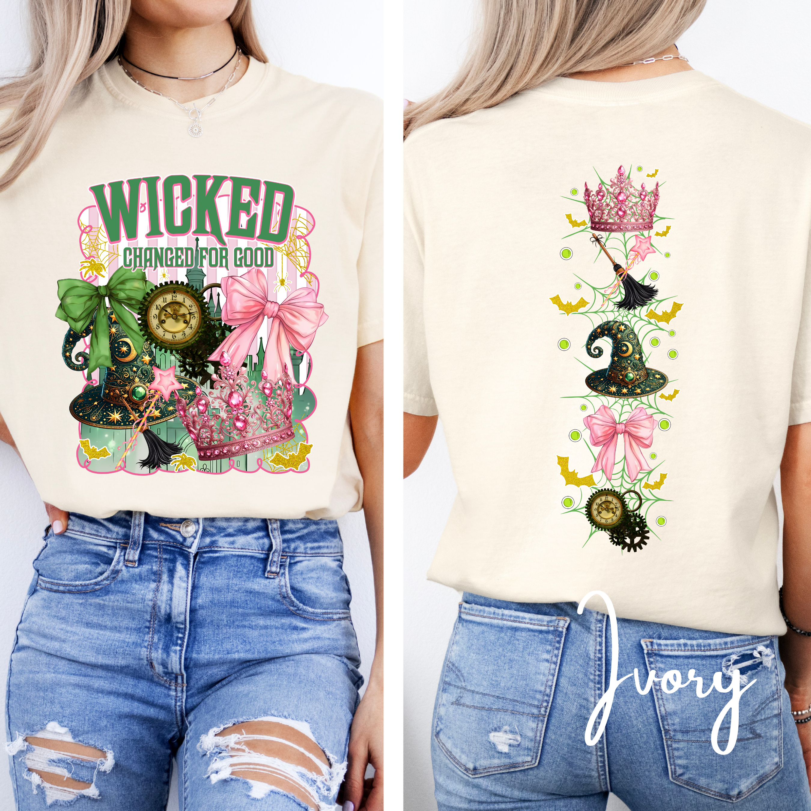 ✨ Wicked “Defying Gravity” Comfort Colors 1717 Tee 🌙💚💗 | Front & Back Magical Coquette Design 🧙‍♀️🎀