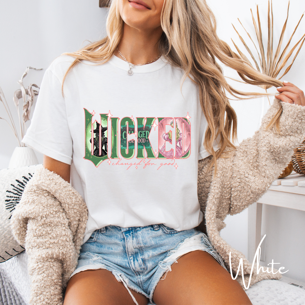 Wicked Varsity Characters Tee 🌟 Comfort Colors 1717 | Elphaba & Glinda Art Letters
