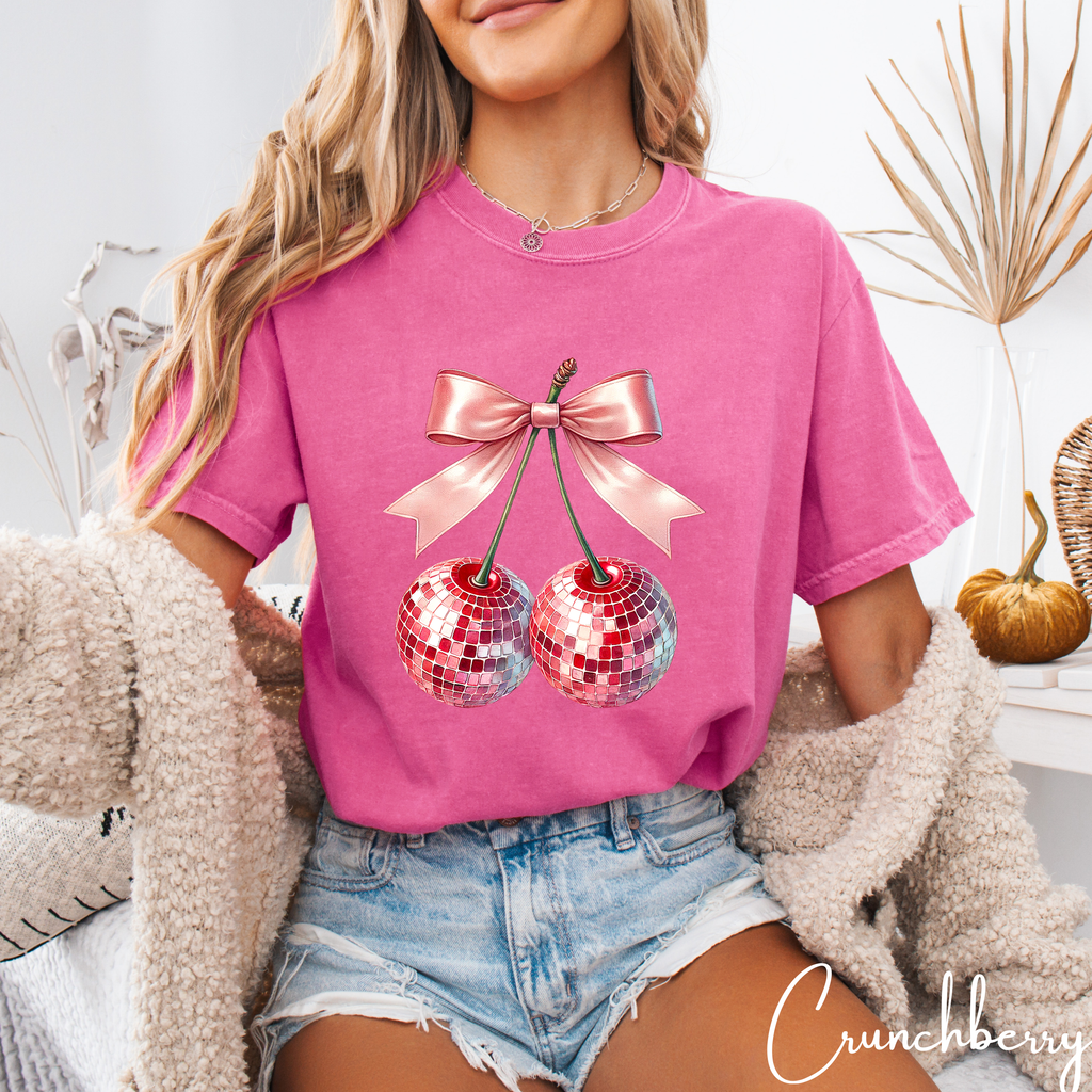 ✨ New Year Disco Cherry Tee | Coquette Bow & Sparkly Party Vibes Comfort Colors 1717 Tshirt ✨