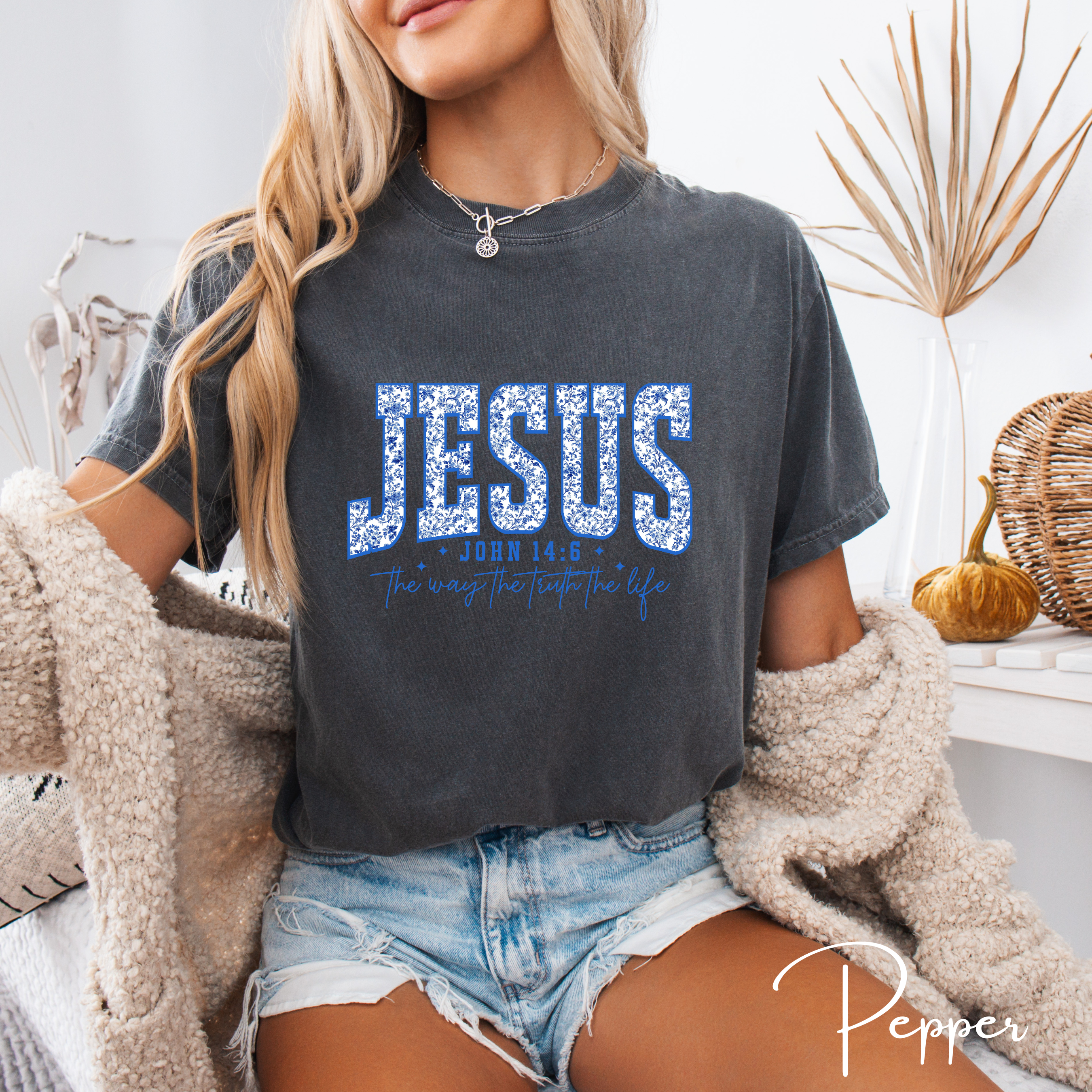 ✨ Comfort Colors “JESUS”  Comfort Colors 1717 Varsity Tee | Floral Scripture Design – John 14:6 ✨
