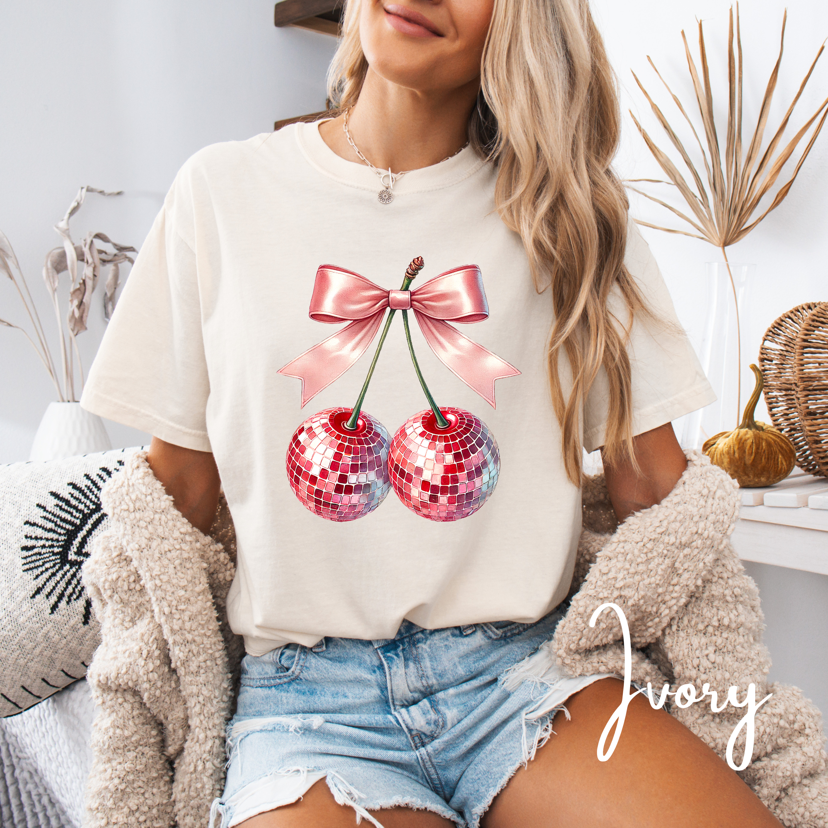 ✨ New Year Disco Cherry Tee | Coquette Bow & Sparkly Party Vibes Comfort Colors 1717 Tshirt ✨