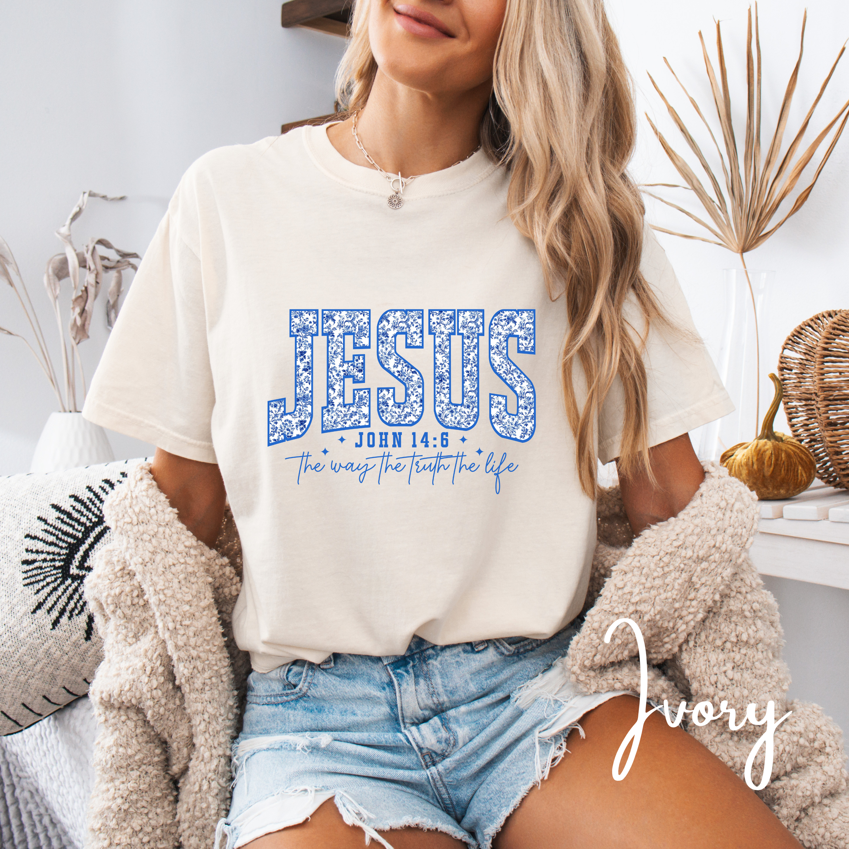 ✨ Comfort Colors “JESUS”  Comfort Colors 1717 Varsity Tee | Floral Scripture Design – John 14:6 ✨
