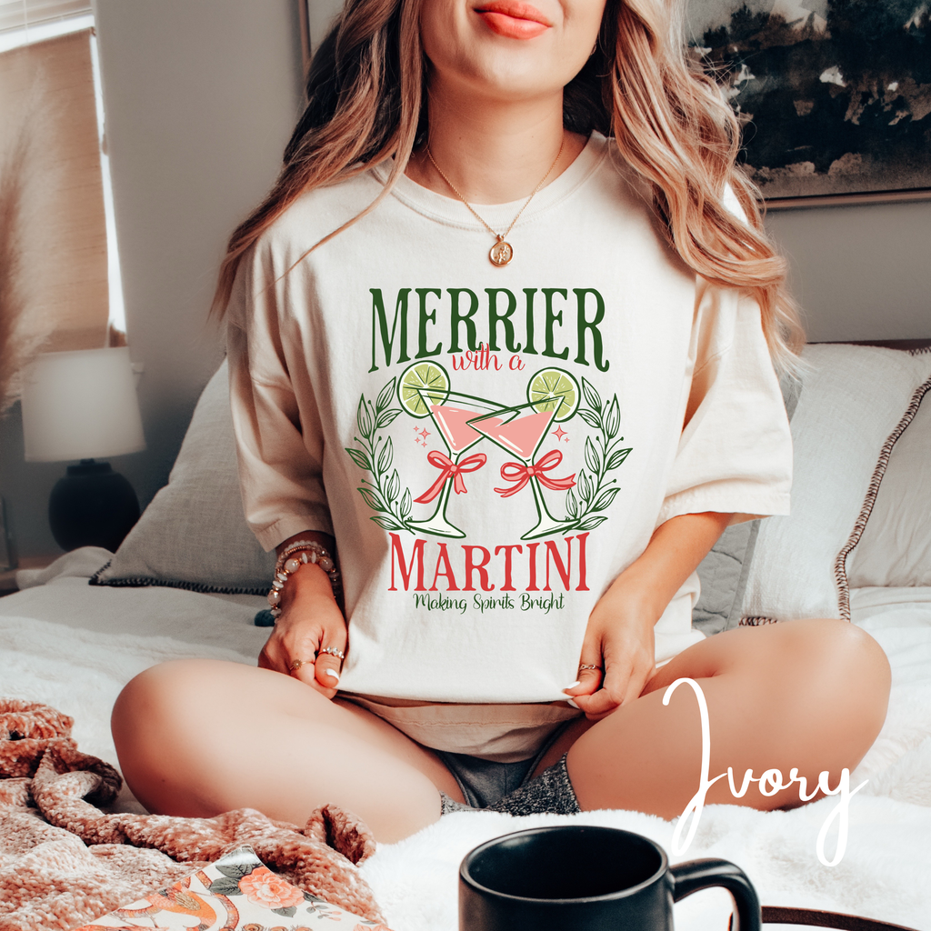 🍸✨ Merrier With a Martini Comfort Colors 1717 Tee – Making Spirits Bright Retro Christmas Cocktail Shirt 🎄💗
