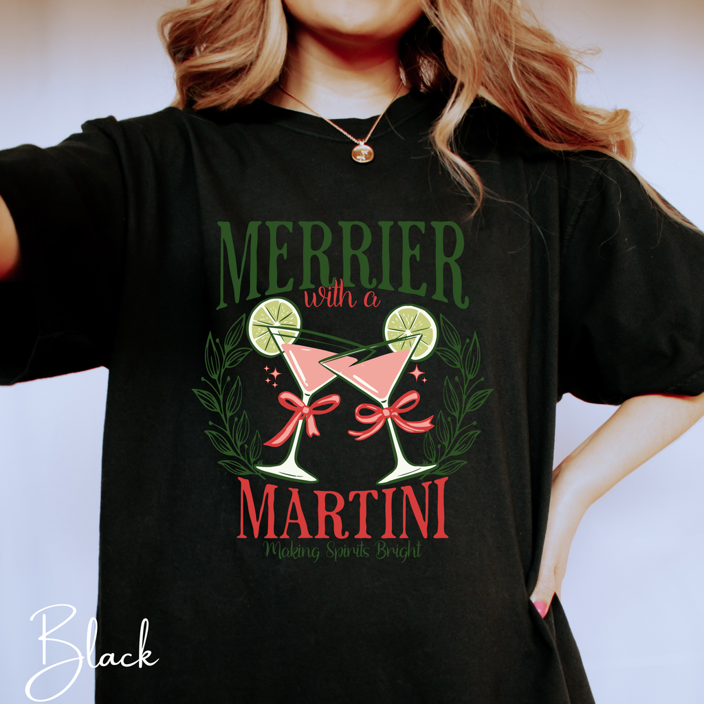 🍸✨ Merrier With a Martini Comfort Colors 1717 Tee – Making Spirits Bright Retro Christmas Cocktail Shirt 🎄💗