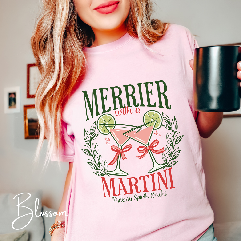 🍸✨ Merrier With a Martini Comfort Colors 1717 Tee – Making Spirits Bright Retro Christmas Cocktail Shirt 🎄💗