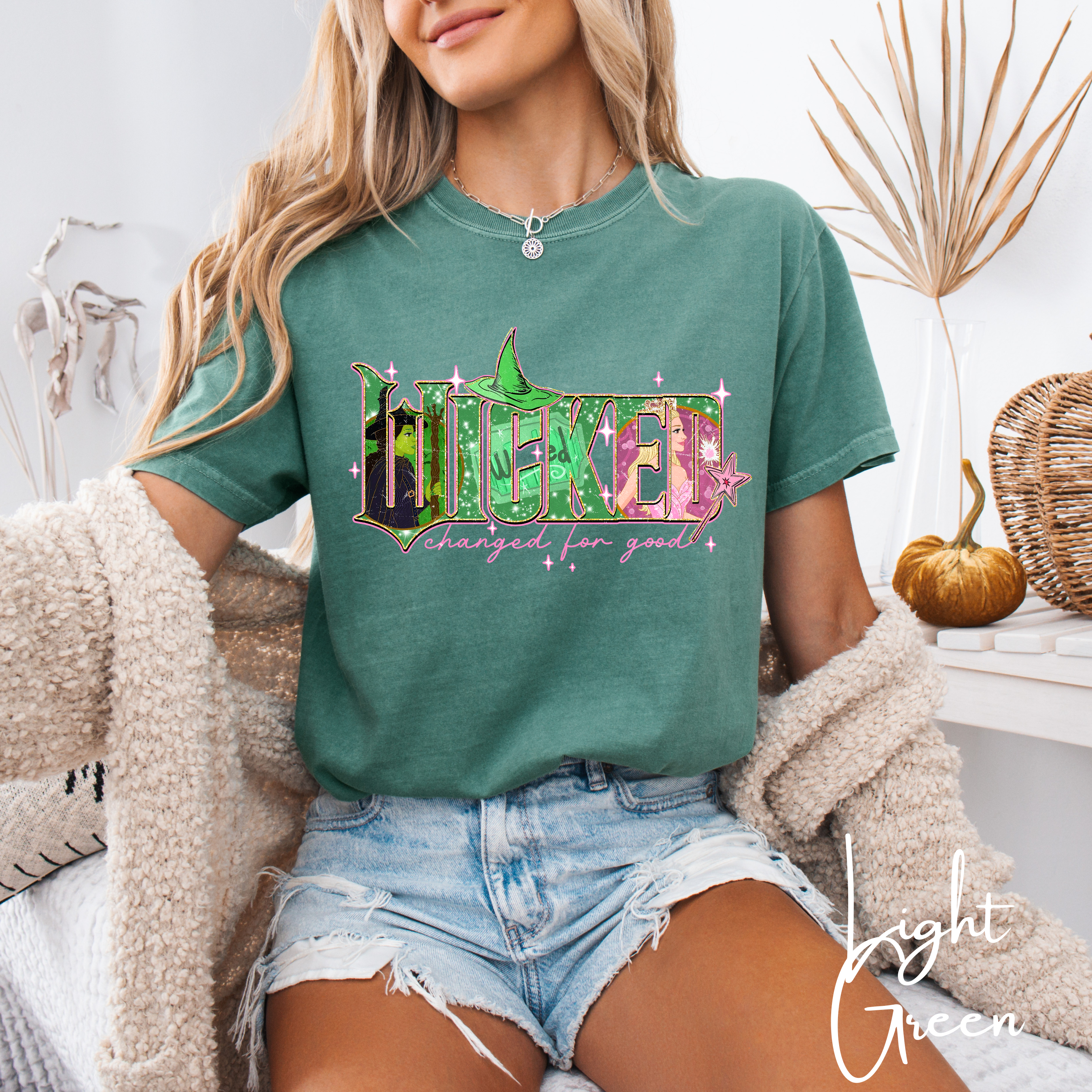 Comfort Colors 1717 Tee 💚✨ “WICKED Changed for Good” Inspired Design 👯‍♀️🎀 Witchy Duo Letter Art Shirt