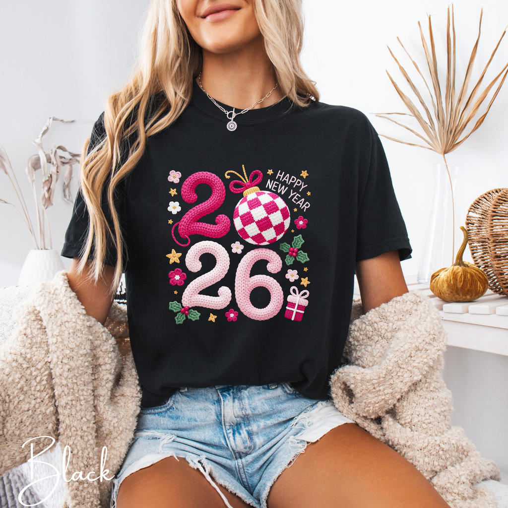 ✨ Cozy Knit-Look 2026 New Year Tee | Checker Bauble Design & Festive Retro Charm ✨Comfort Colors 1717 Tshirt ✨