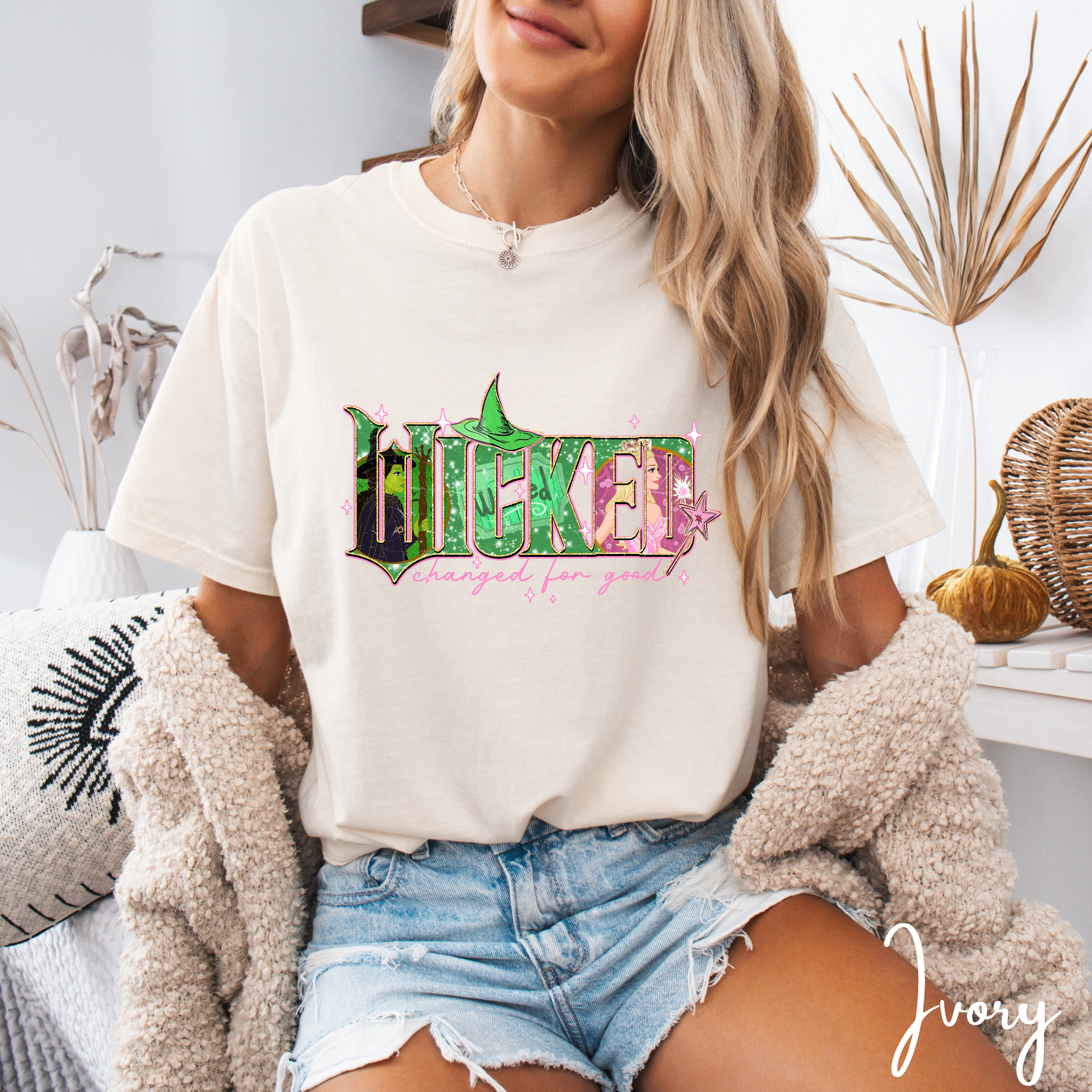 Comfort Colors 1717 Tee 💚✨ “WICKED Changed for Good” Inspired Design 👯‍♀️🎀 Witchy Duo Letter Art Shirt