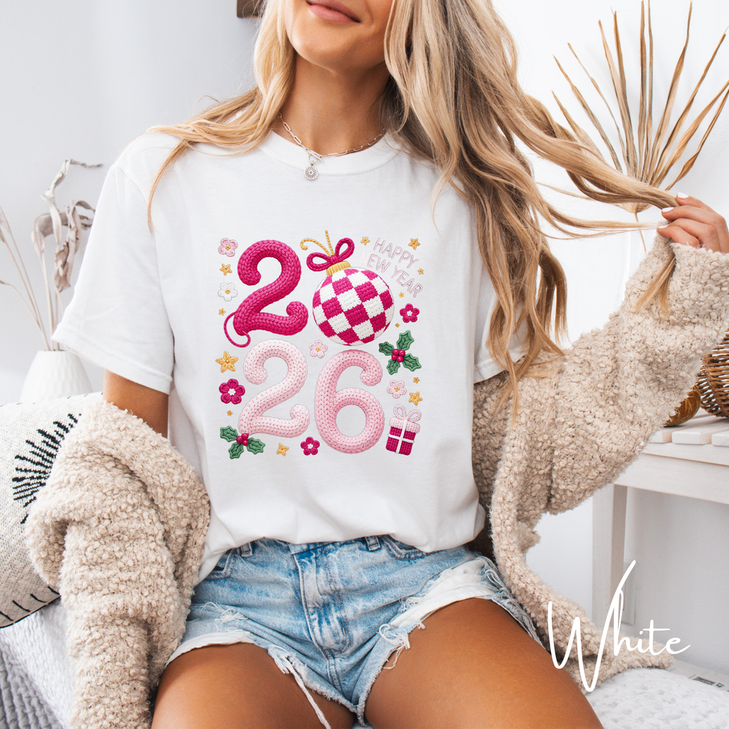 ✨ Cozy Knit-Look 2026 New Year Tee | Checker Bauble Design & Festive Retro Charm ✨Comfort Colors 1717 Tshirt ✨