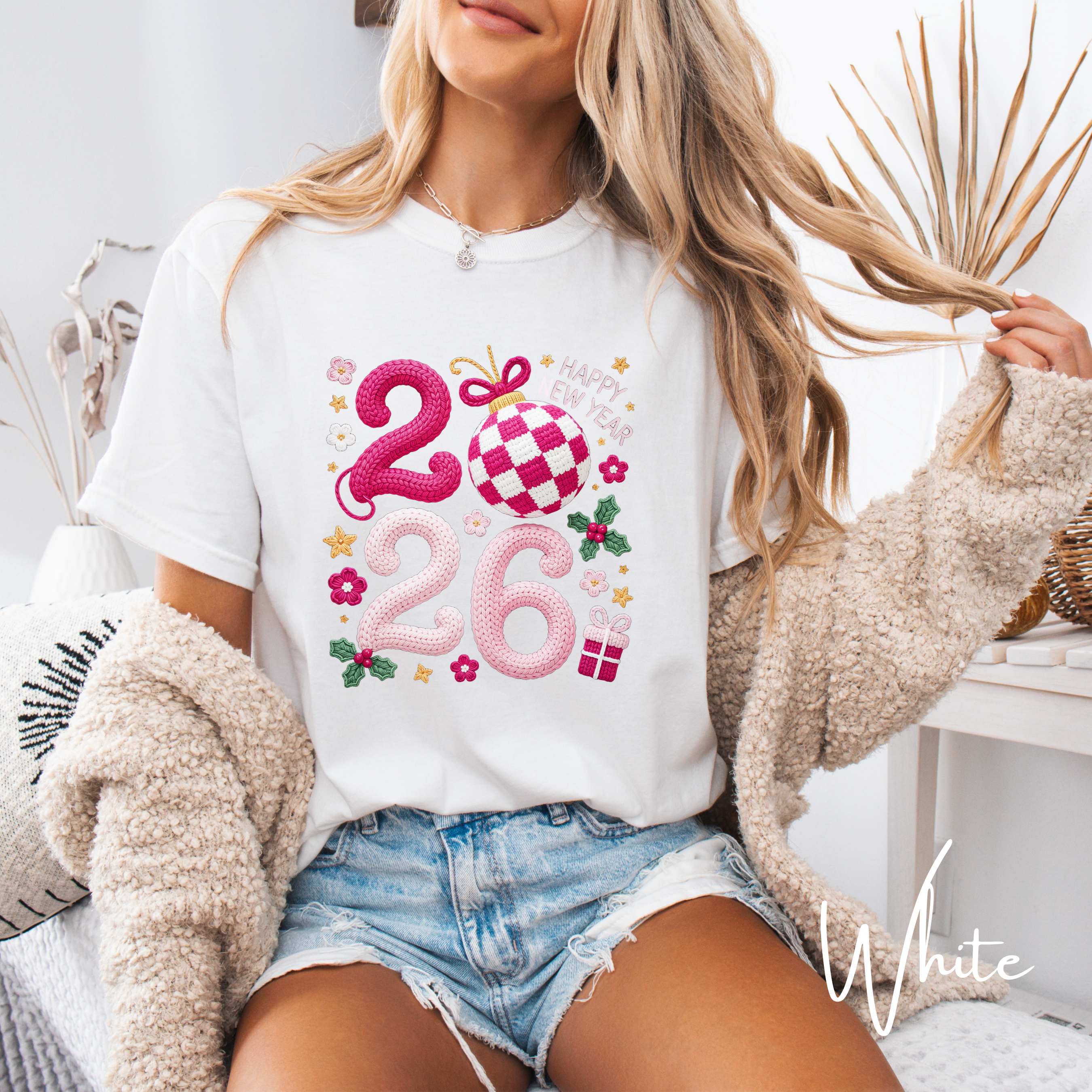 ✨ Cozy Knit-Look 2026 New Year Tee | Checker Bauble Design & Festive Retro Charm ✨Comfort Colors 1717 Tshirt ✨