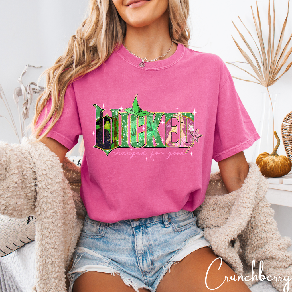 Comfort Colors 1717 Tee 💚✨ “WICKED Changed for Good” Inspired Design 👯‍♀️🎀 Witchy Duo Letter Art Shirt