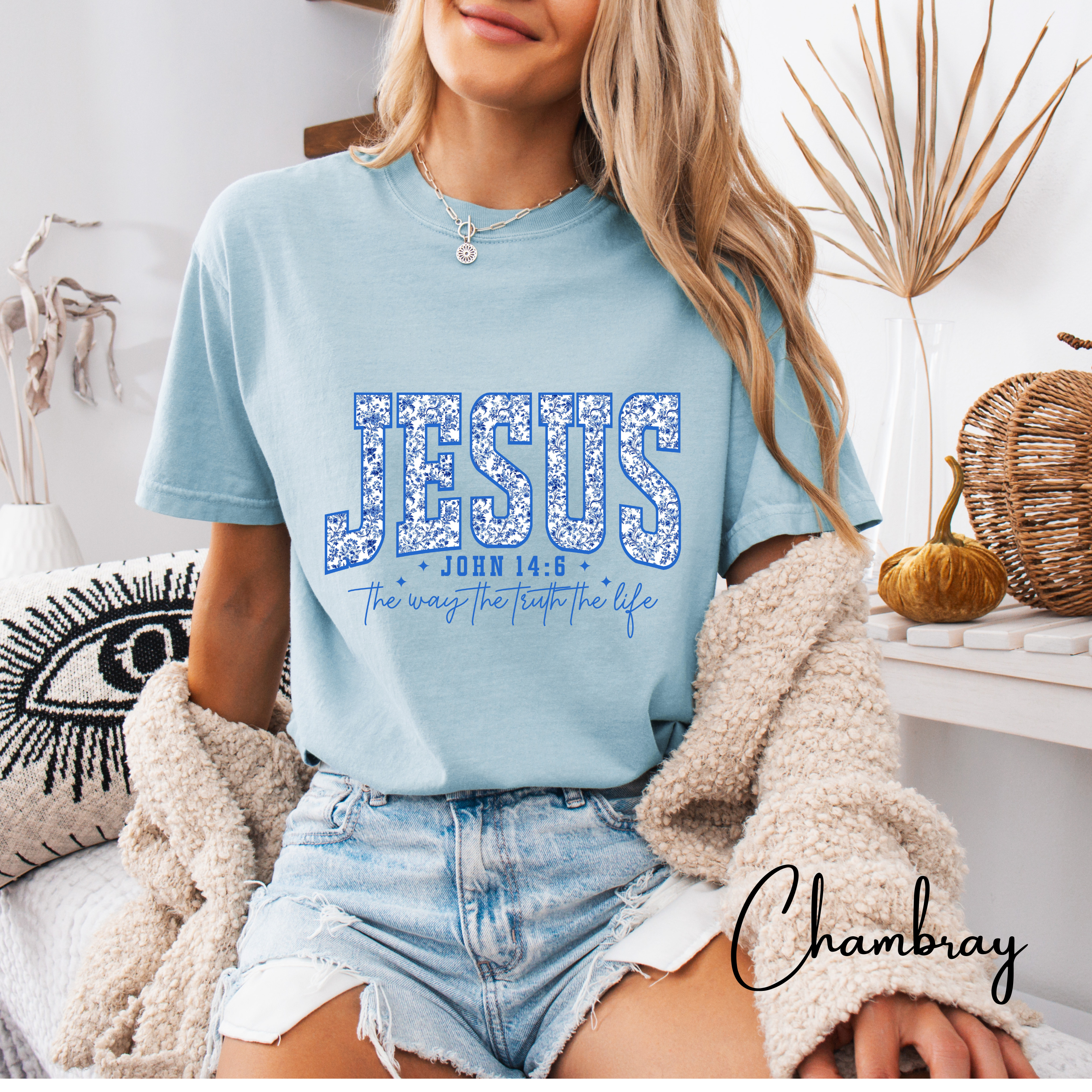 ✨ Comfort Colors “JESUS”  Comfort Colors 1717 Varsity Tee | Floral Scripture Design – John 14:6 ✨