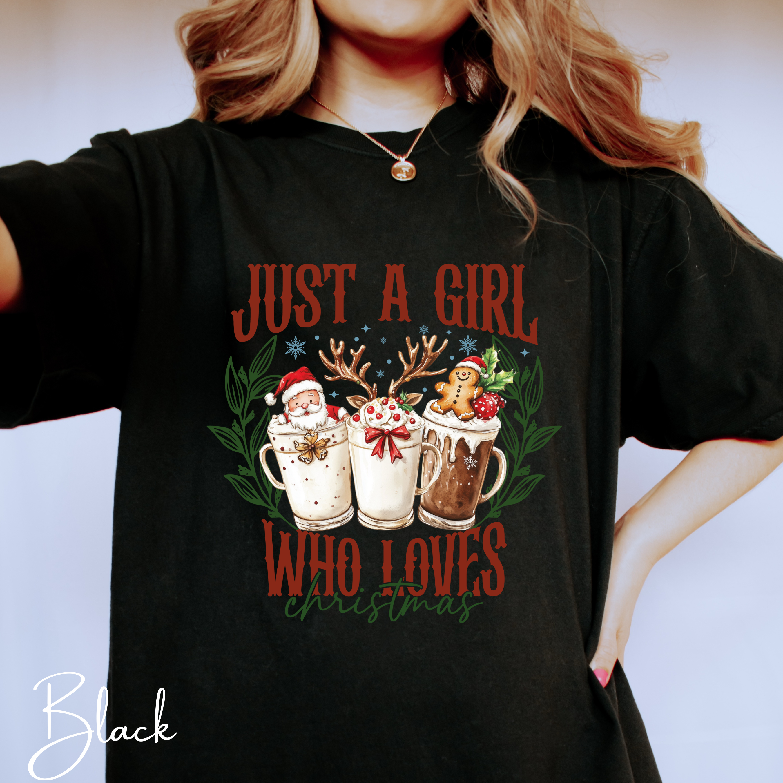 🎄✨ Just a Girl Who Loves Christmas Comfort Colors T-Shirt – Cute Holiday Drinks Graphic Tee 🍸☕🍹 Retro Western Festive Style Tshirt