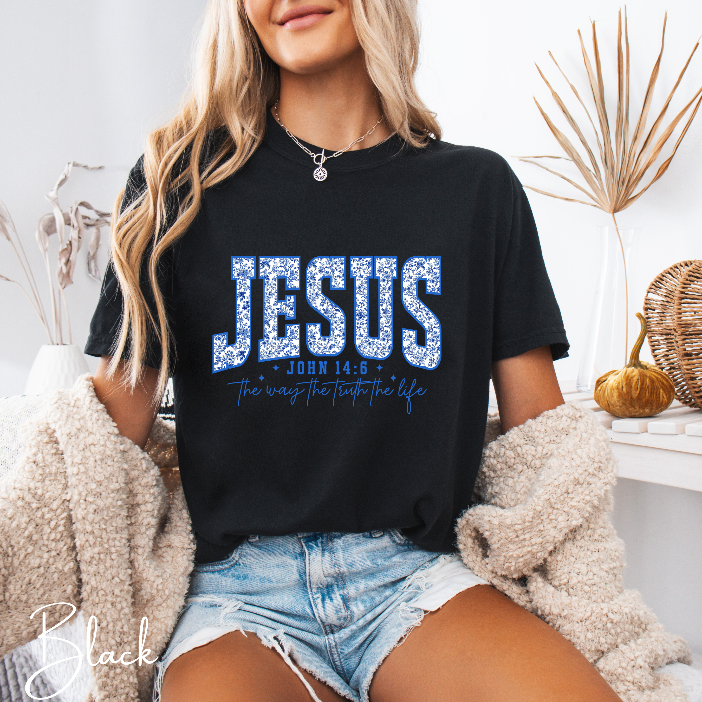 ✨ Comfort Colors “JESUS”  Comfort Colors 1717 Varsity Tee | Floral Scripture Design – John 14:6 ✨