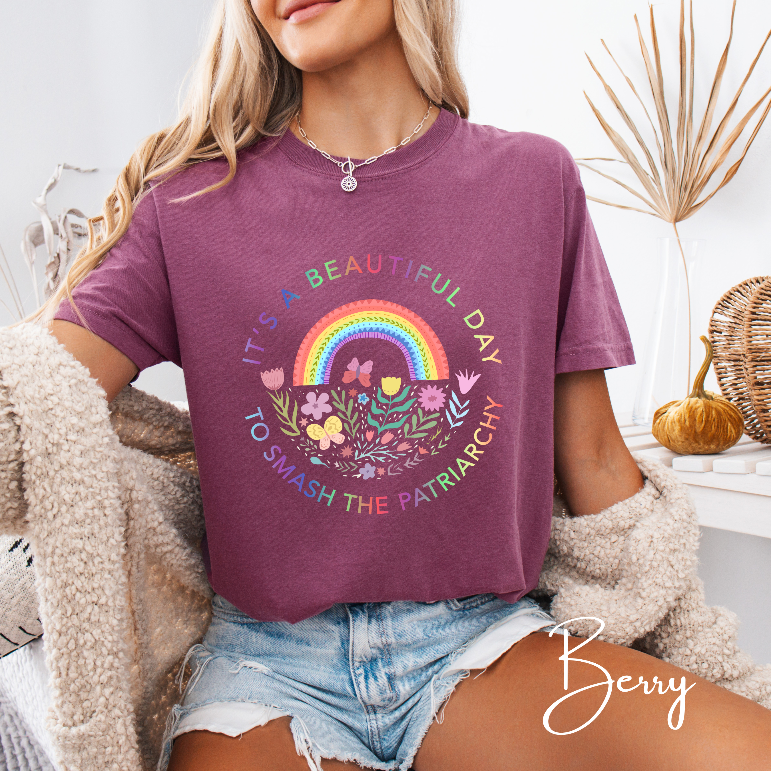 It’s a Beautiful Day to Smash the Patriarchy T-Shirt 🌈 | Floral Rainbow Circle Design | Comfort Colors 1717 Tee